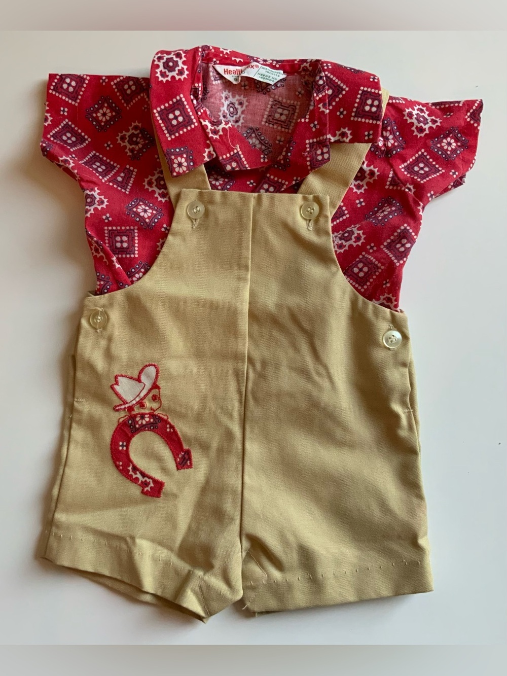Vintage 80s Healthtex Western Red Bandana Shirt with Tan Overalls